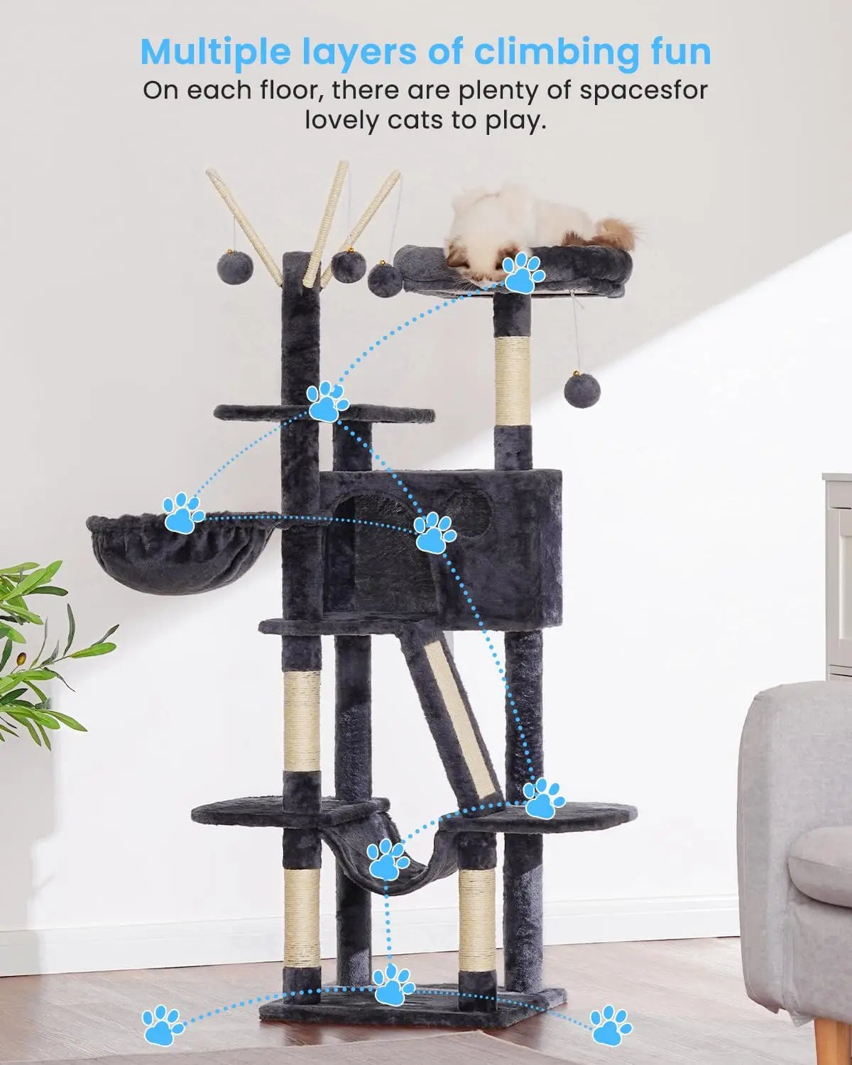 53-Inch Cat Tower with Padded Bed, Cozy Condo, Hammocks & Scratching Posts for Indoor Cats in Smoky Gray