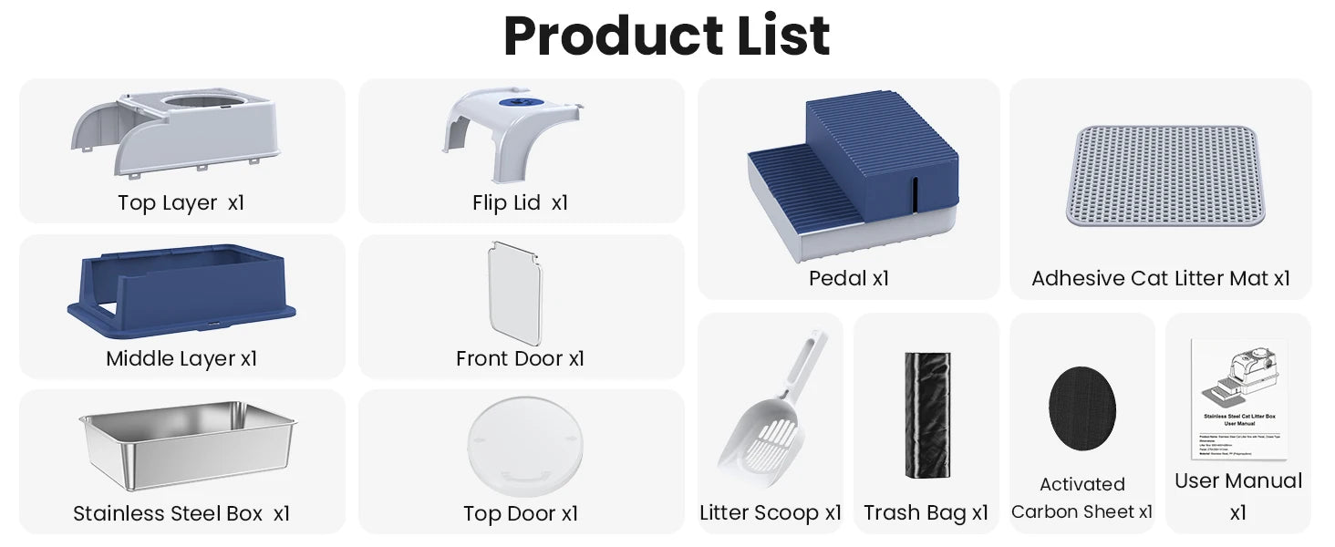 Stainless Steel Cat Litter Box Non-Stick Odor Control Easy Clean with Lid&Scoop Rust-proof Durable Stainless Steel Pet Toilet