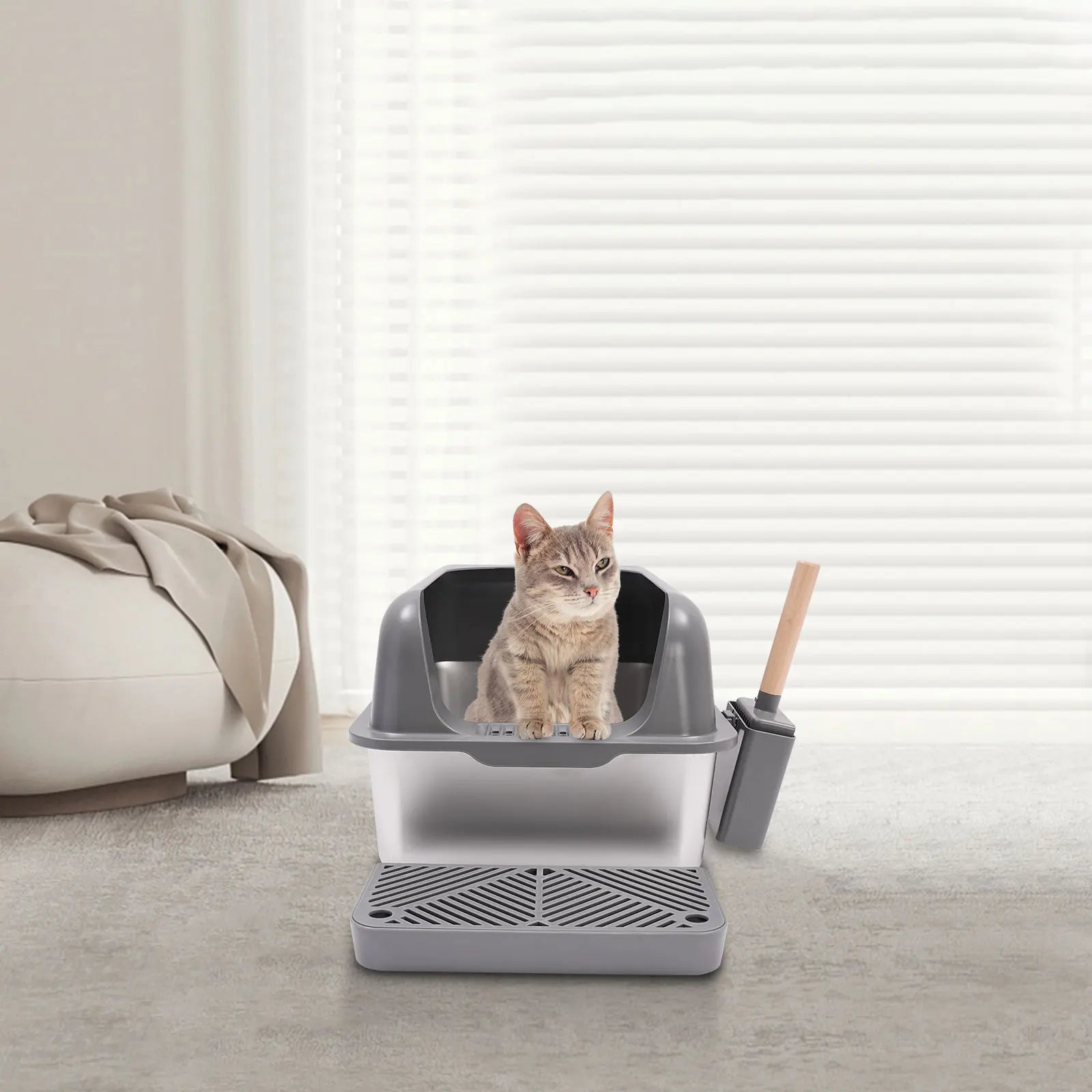 Stainless Steel Cat Litter Box with Protective Shovel Placed in Living Room, Hallway, Bedroom, Pet Store