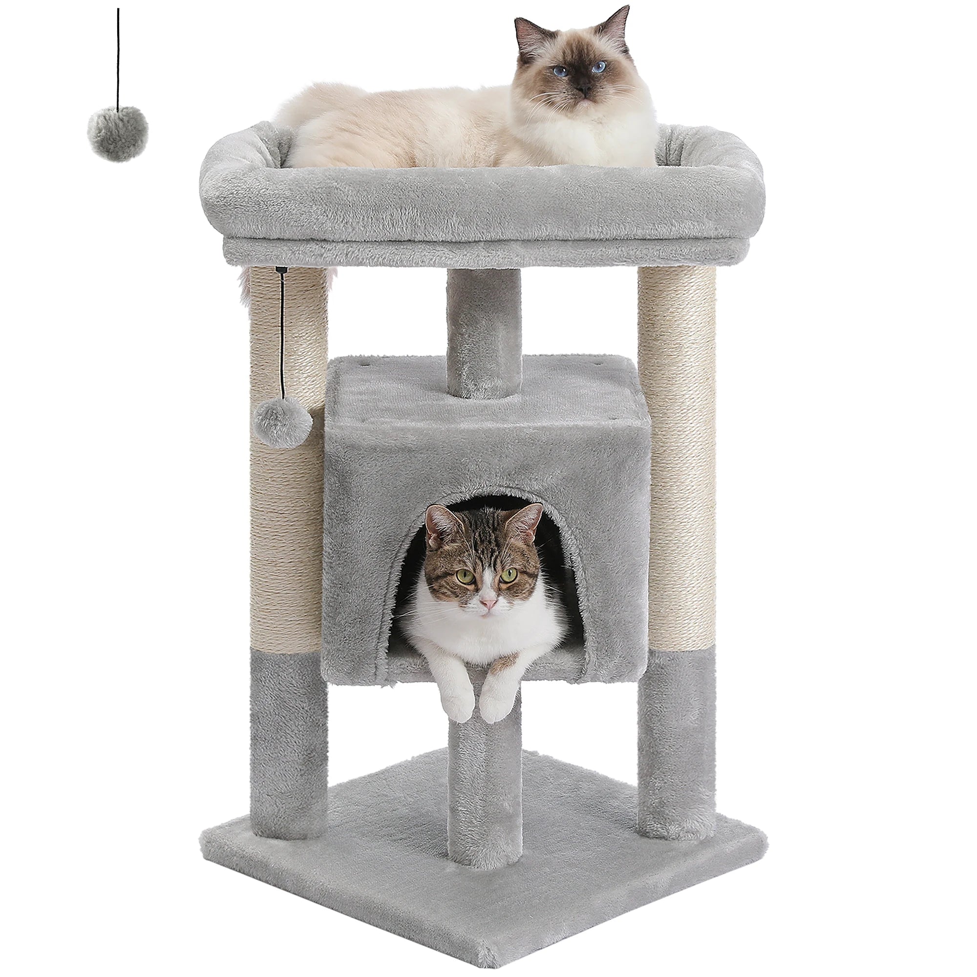 Small Cat Tree Tower with Natural Sisal Scratching Posts Soft Top Perch and Plush Pom-pom Cozy Cat Condo Bed for Indoor Cat Toys