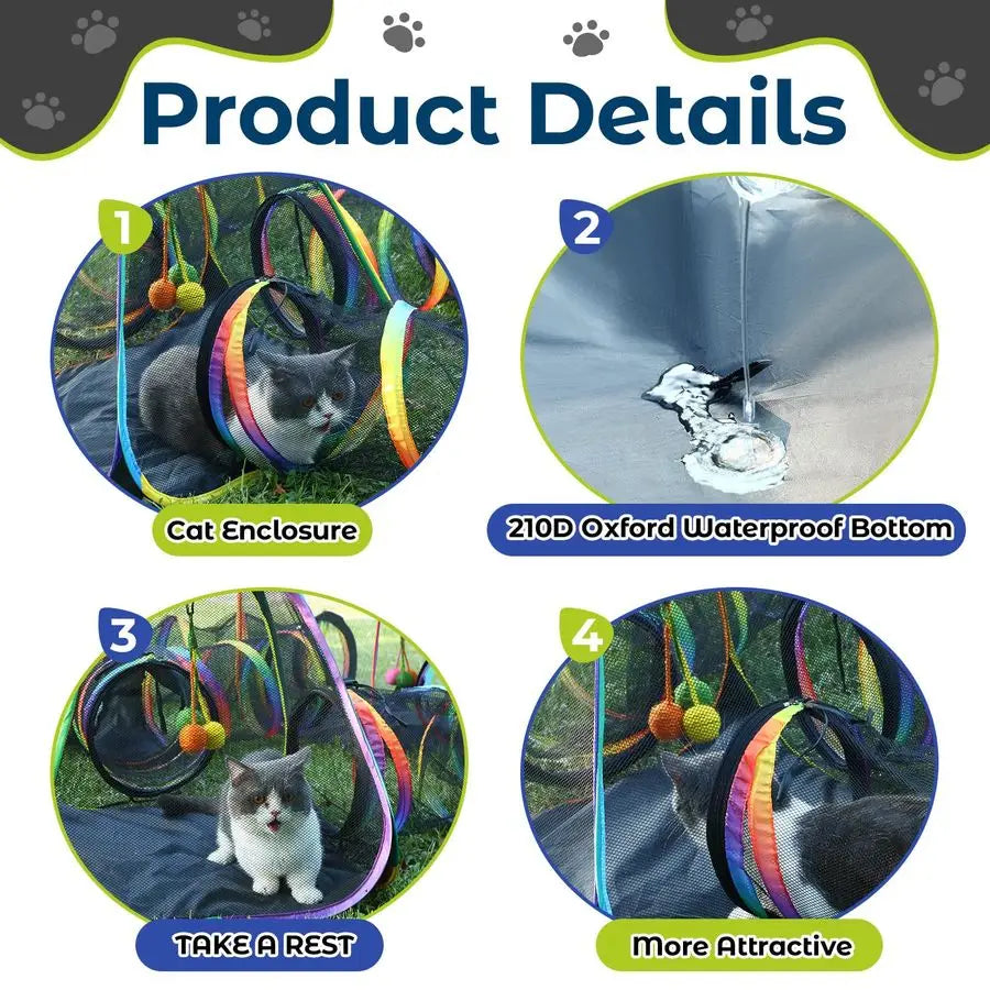 Outdoor Rainbow Cat Enclosure, 7 in 1 Portable Cat Tents for Outside Cage Free Outside Pet Enclosure Cat Tunnel Outdoor Playgrou