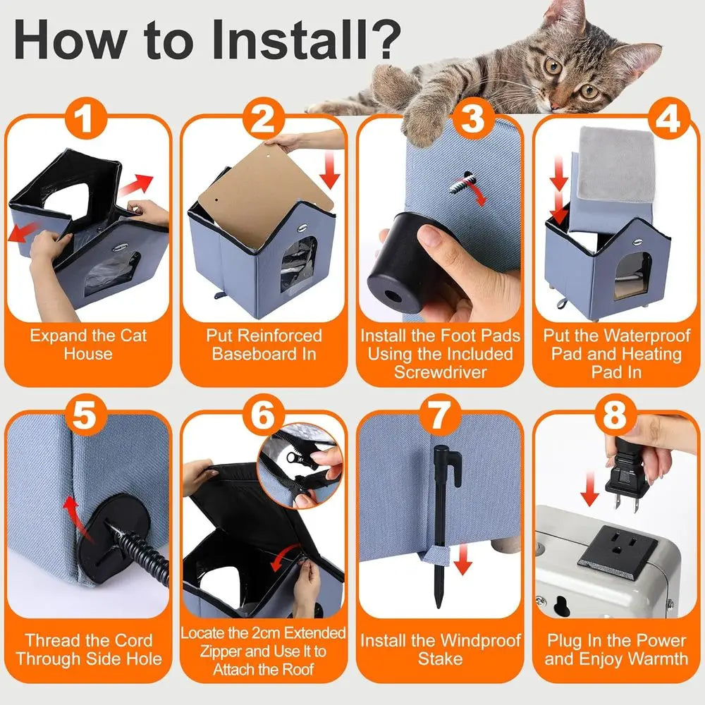 Double-Door Insulated Outdoor Cat House with Heated Bed for Winter, Weatherproof Shelter for Feral Cats and Small Pets (Blue)