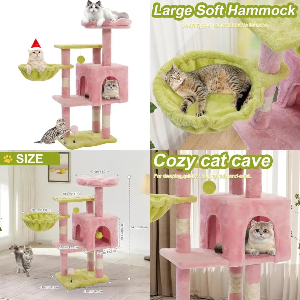 Pink Flower Perch Cat Tower for Large Indoor Cats, 41 Metal Frame Tree with Hammock and Scratching Post