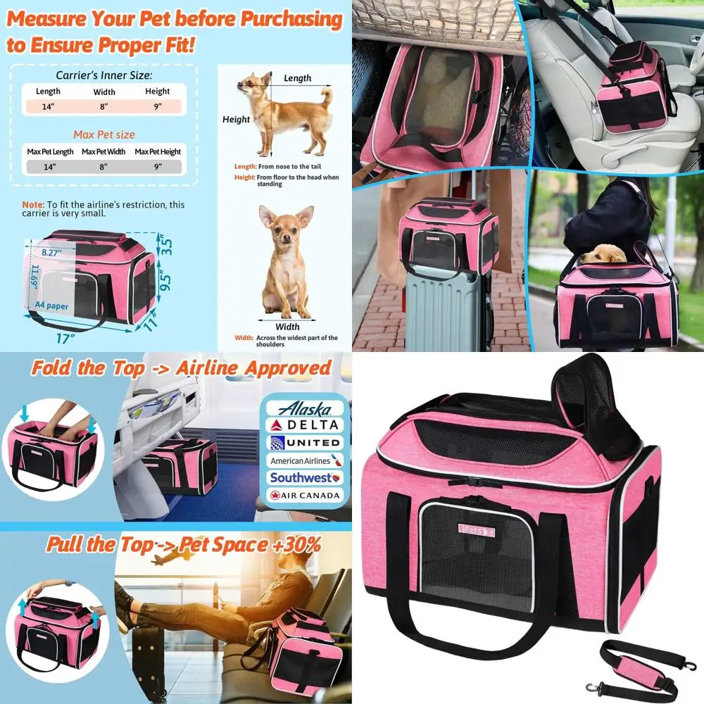 Expandable Pet Carrier 17x11x9.5 for Small Cats & Dogs, Airline Approved, Locking Zippers, Anti-Scratch Mesh, Pink