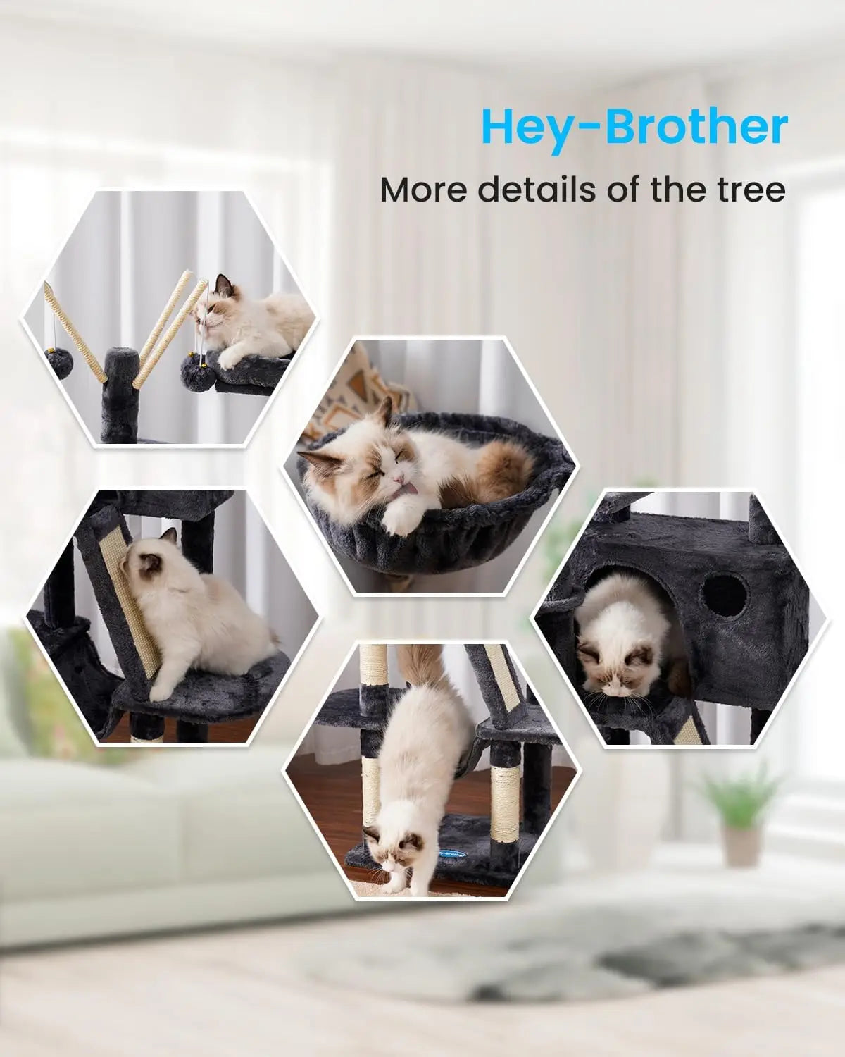 53-Inch Cat Tower with Padded Bed, Cozy Condo, Hammocks & Scratching Posts for Indoor Cats in Smoky Gray