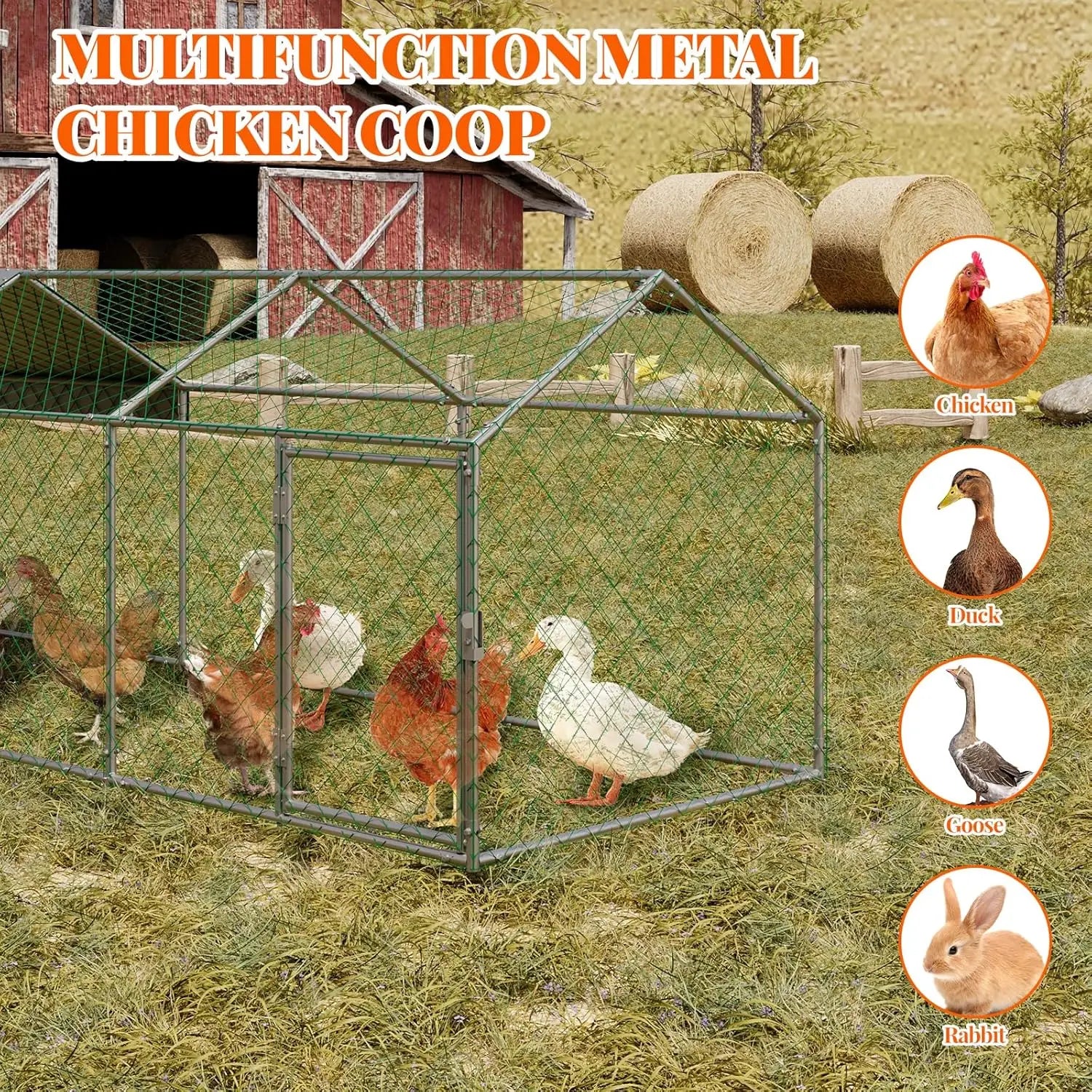 Poultry Cages for Small Animals, 300x100x100 cm Large Metal Cage w/ 2 Doors and Waterproof Cover for Chicken Coops Rabbits Ducks