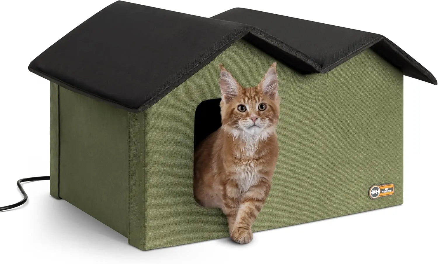 Extra-Wide Heated Outdoor Cat House with 2 Escape Doors, Insulated Weatherproof Shelter and Waterproof Heated Bed - Olive