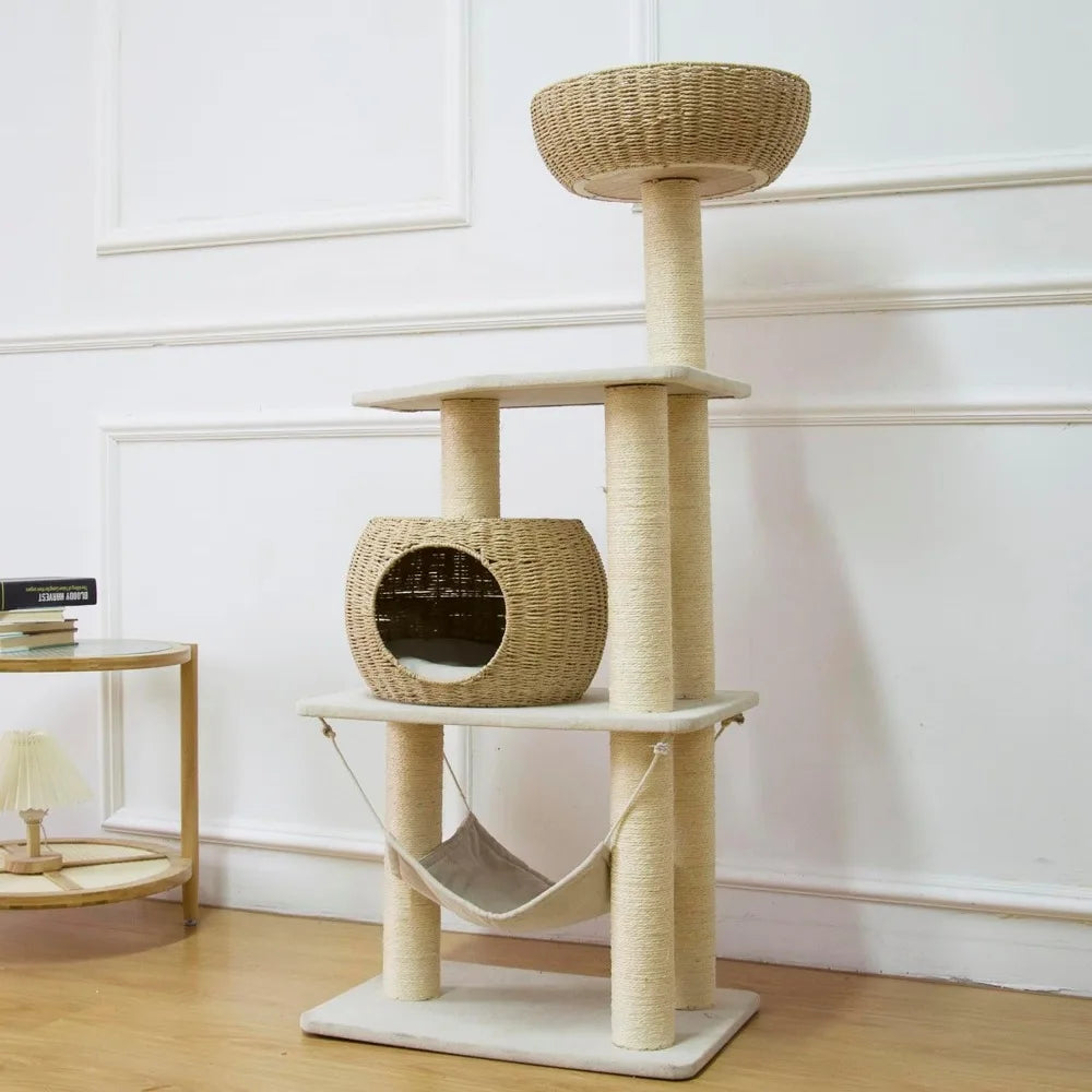 Cat Tree for Indoor Cats, 52.4 Inch Tall, with Scratching Post and Hammock