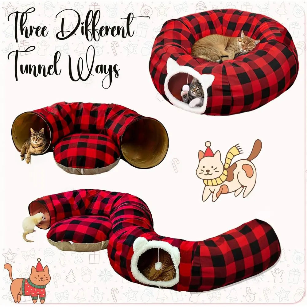 Christmas Tree Skirt with Cat Tunnel, Buffalo Plaid Bed, Dual-Entry Peekaboo Donut Tunnels for Pets