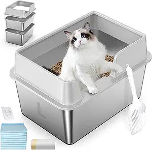 High-Sided Enclosed Sifting Cat Litter Box for Pine Pellets, Stainless Steel with Lid, Suitable for Small Cats, Easy Clean Metal