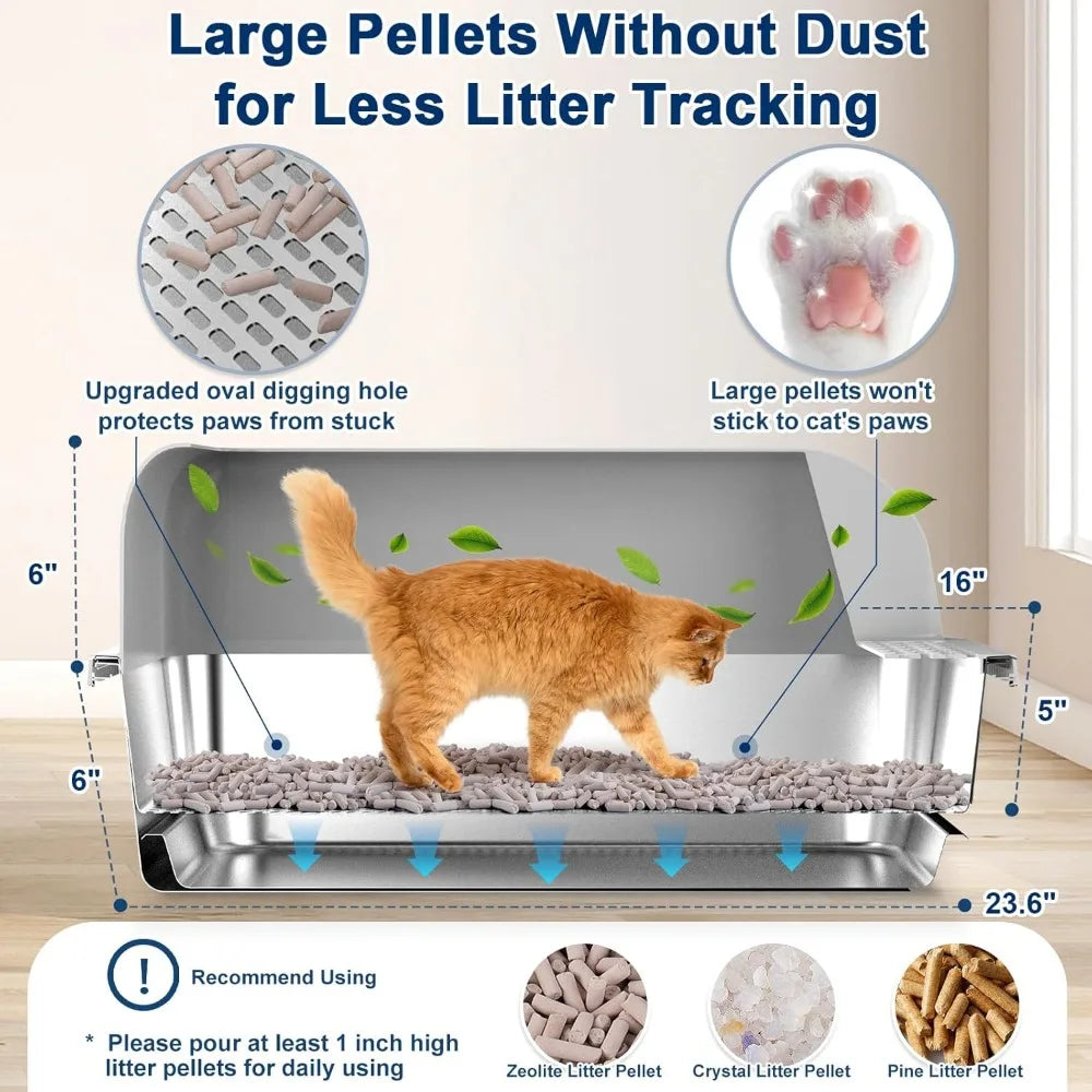 Extra Large Stainless Steel Sifting Litter Box with Removable Drawer for Pine Pellets, XL Enclosed Cat Litter Box with Lid for E