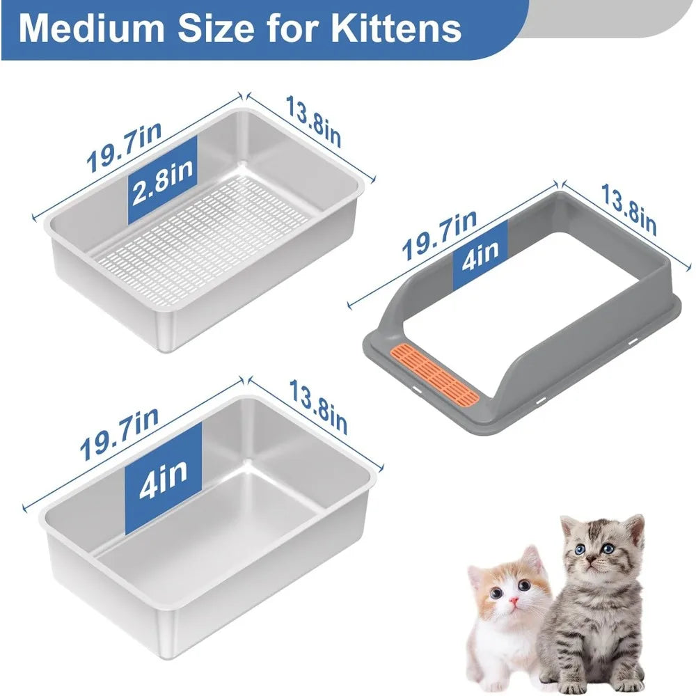 Medium Stainless Steel Sifting Litter Box with Lid for Large Cats and Pine Pellet Litter