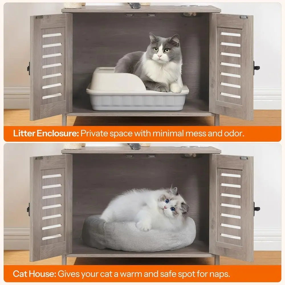 HOOBRO Cat Tree with Litter Box Enclosure, 44" Tall Wooden Cat Tower with Scratching Posts, Cat Hammock, Hidden Litter Box Furni