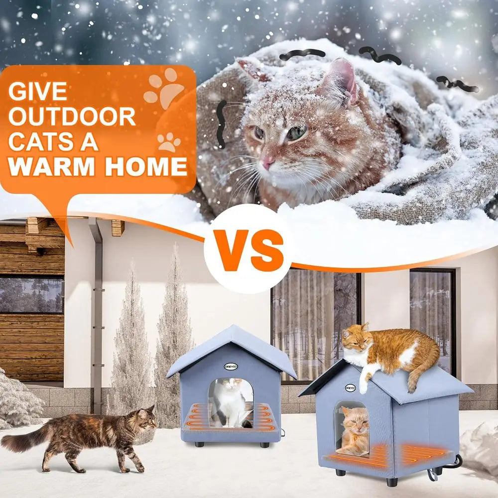 Double-Door Insulated Outdoor Cat House with Heated Bed for Winter, Weatherproof Shelter for Feral Cats and Small Pets (Blue)