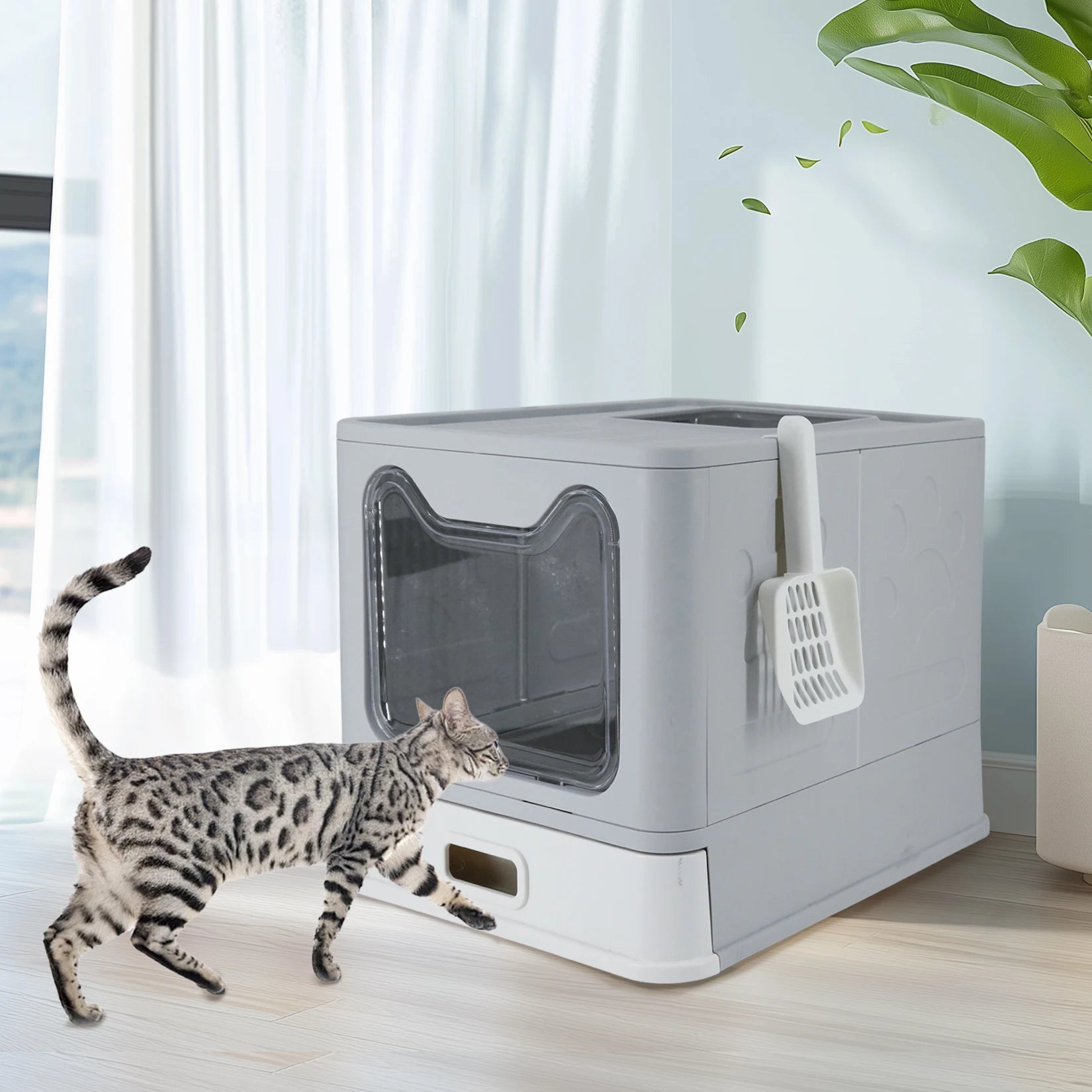 Bingopaw Stainless Steel Cat Litter Box with Lid Front Entry and Top Exit Toilet Box with Litter Scoop for Kittens,Easy Cleaning