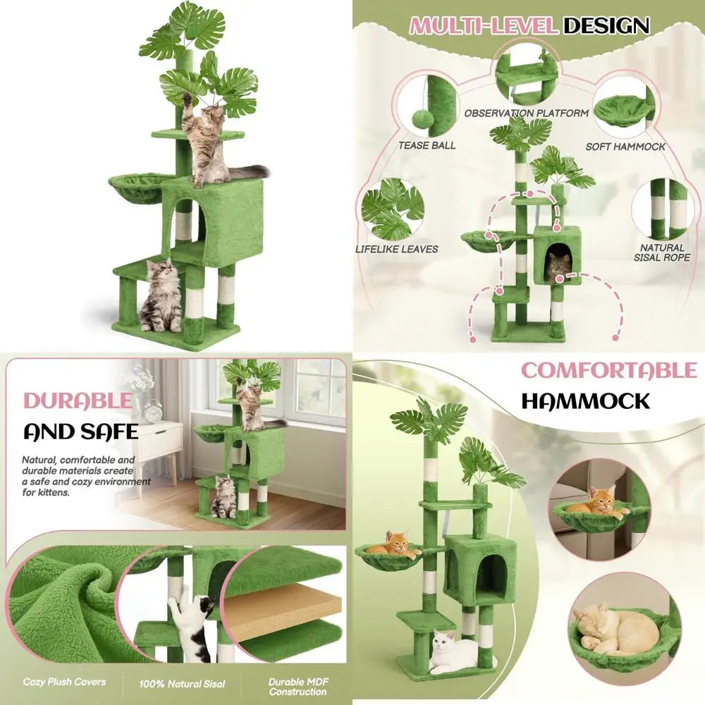 Indoor Cat Tree with Leaves, Activity Center for Kittens, Cozy Hammock, and Sisal Scratching Post