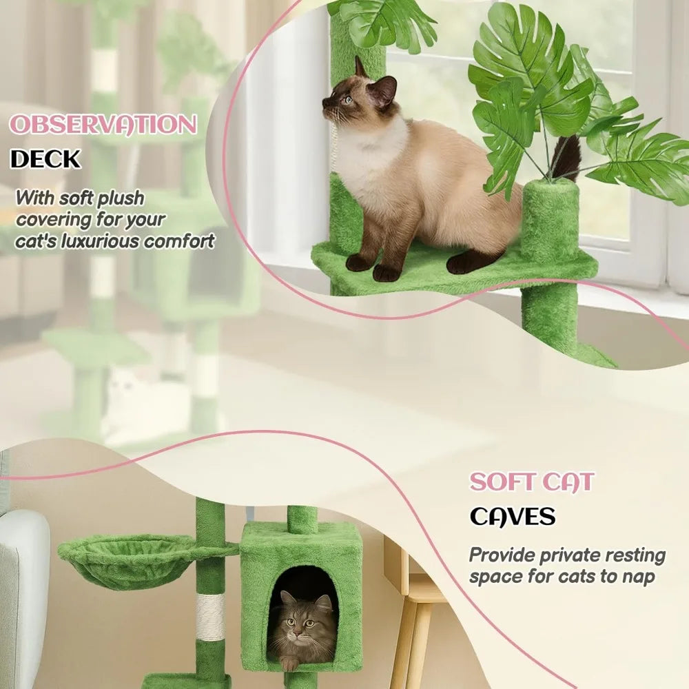 Indoor Cat Tree with Leaves, Activity Center for Kittens, Cozy Hammock, and Sisal Scratching Post