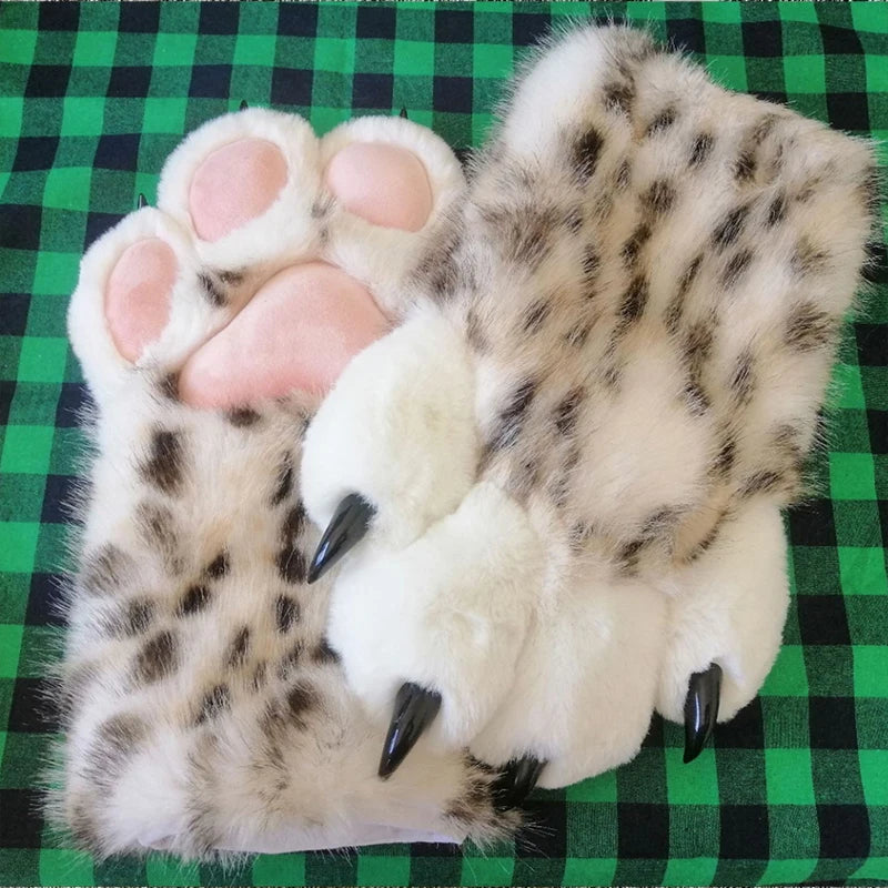 Faux Fur Snow Leopard Claws Fursuit Colorful Furry Cat Paw Halloween Dress Up Cosplay Costume Nail Tiger Claw Lolita Mittens