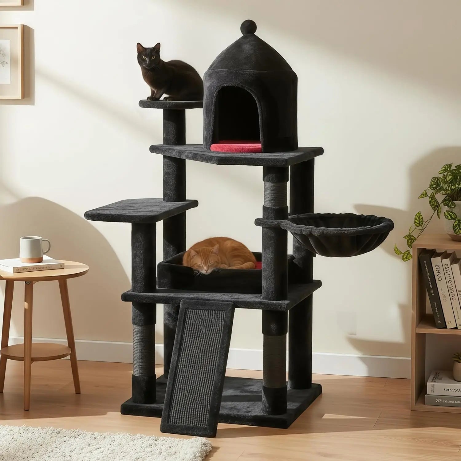 Gothic Cat Tree with Coffin Bed, Multi-Level Tower for Indoor Cats, Halloween Decor, Black and Red Design
