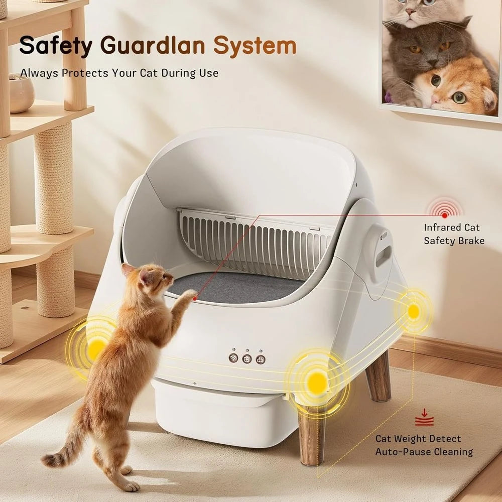 App-Controlled Automatic Litter Box for Multiple Cats: Open Top, Safety, Quiet, Large Bin, Waste Bags & Brush