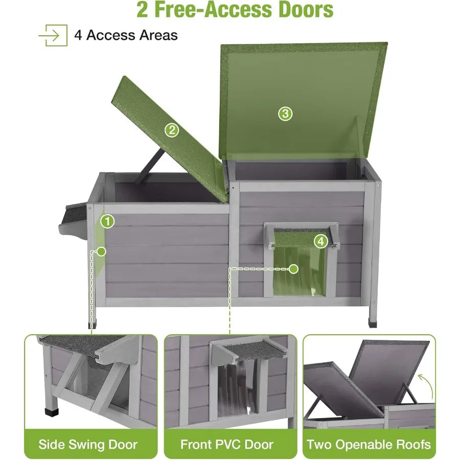 Outdoor Cat House Weatherproof Large Cat Shelter with Openable Roofs for Feral Kittens Elevated Base Design with PVC Curtain fo