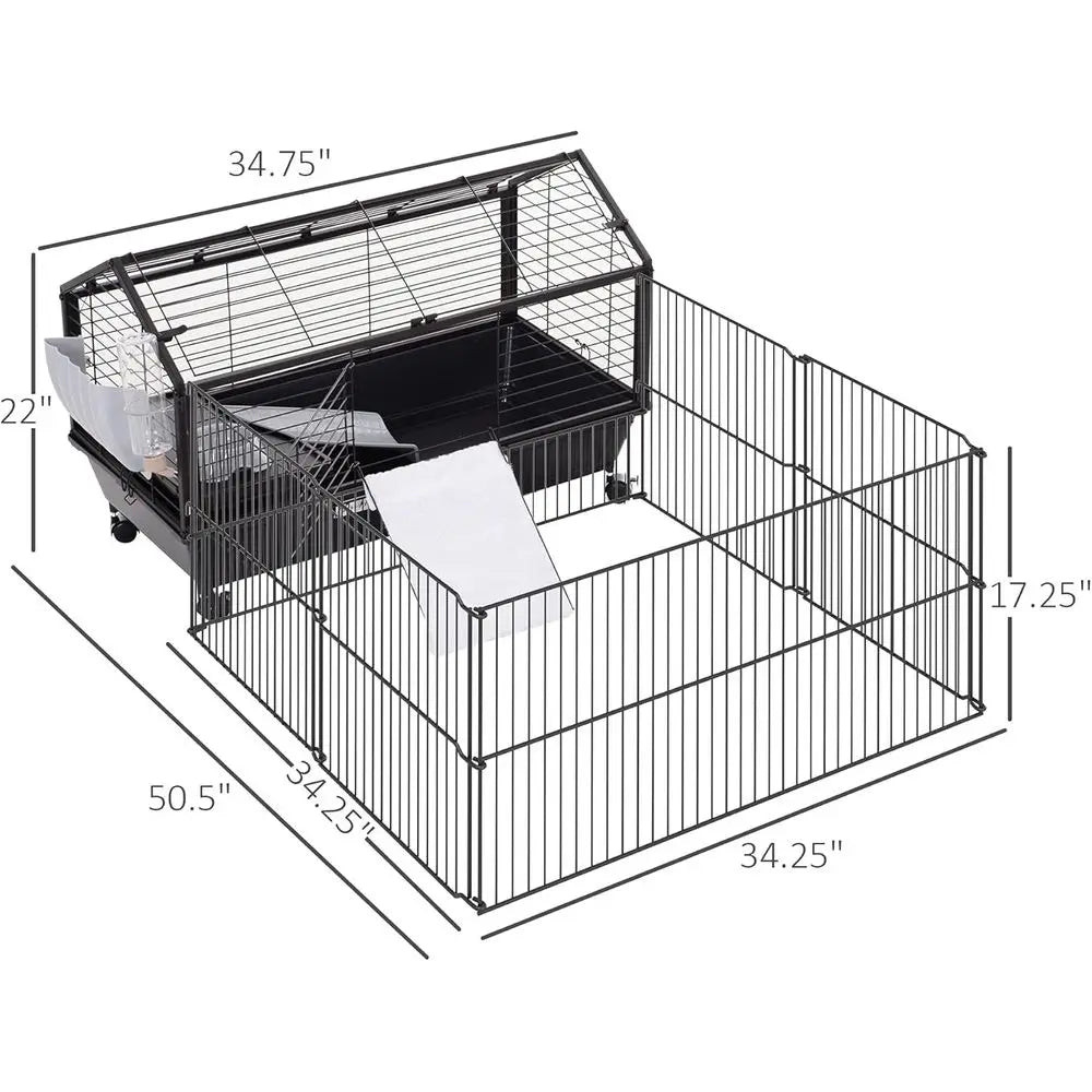 Small Animal Cage with Foldable Run Area, Rolling Bunny Cage, Guinea Pig Cage, Hedgehog Cage with Water Bottle, Water Bowl, and