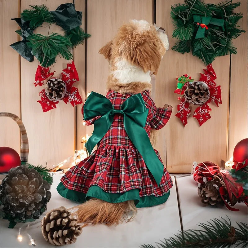 Christmas Plaid Pet Party Dress with Bow - Classic Outfit for Small Dogs