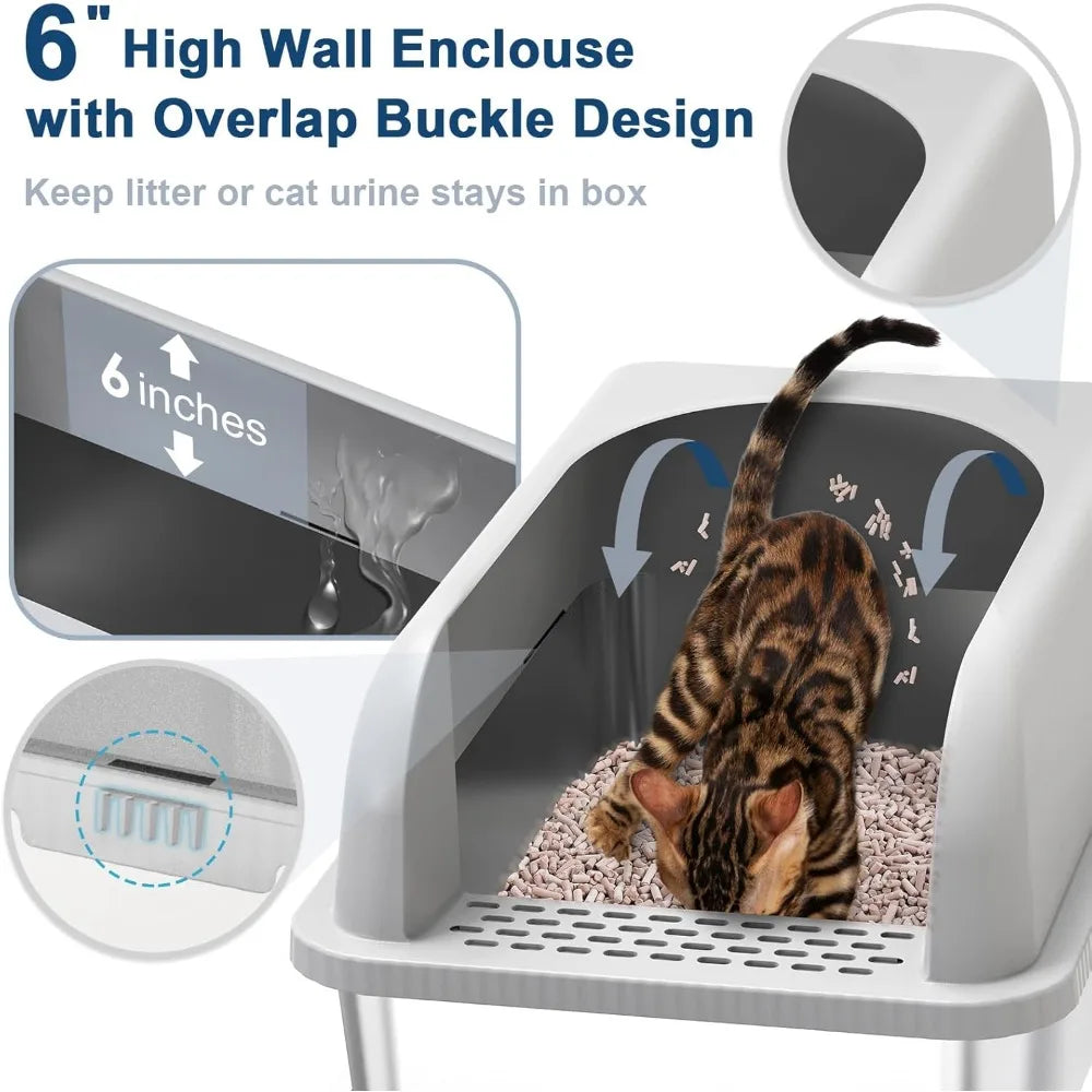 Stainless Steel Sifting Litter Box with Lid for Cats, Large Metal Pan for Pine Pellets, High Sides Cat Litter Box with Pine Pell