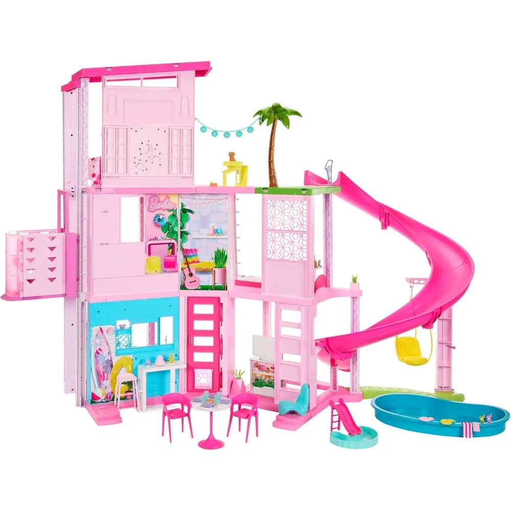 barbie dreamhouse, doll house playset with 75+ pieces including toy furniture & 3-story pool slide, pet elevator & puppy play ar