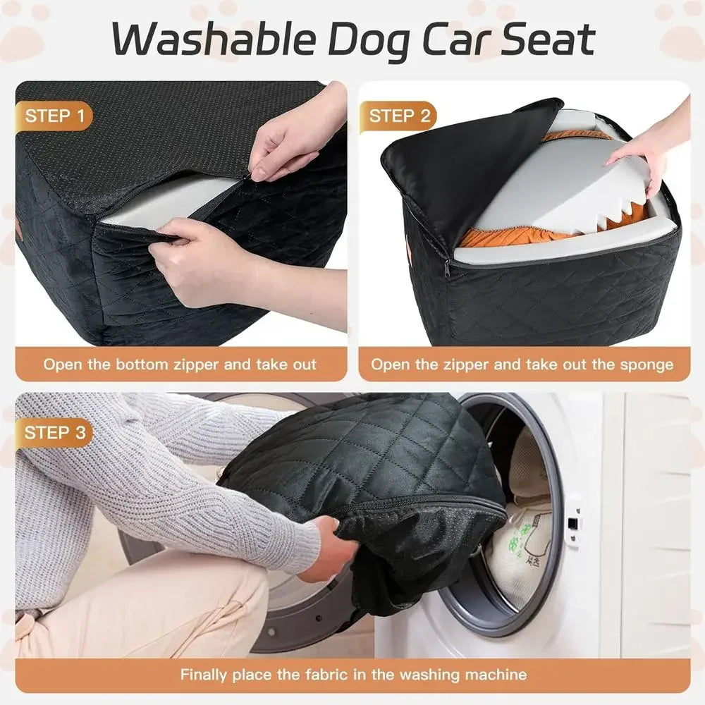 Elevated Pet Travel Seat for Small/Medium Dogs Up to 35lbs, Removable & Washable, 2 Pockets, Safety Belt, Anti-Slip, Seamless Bo