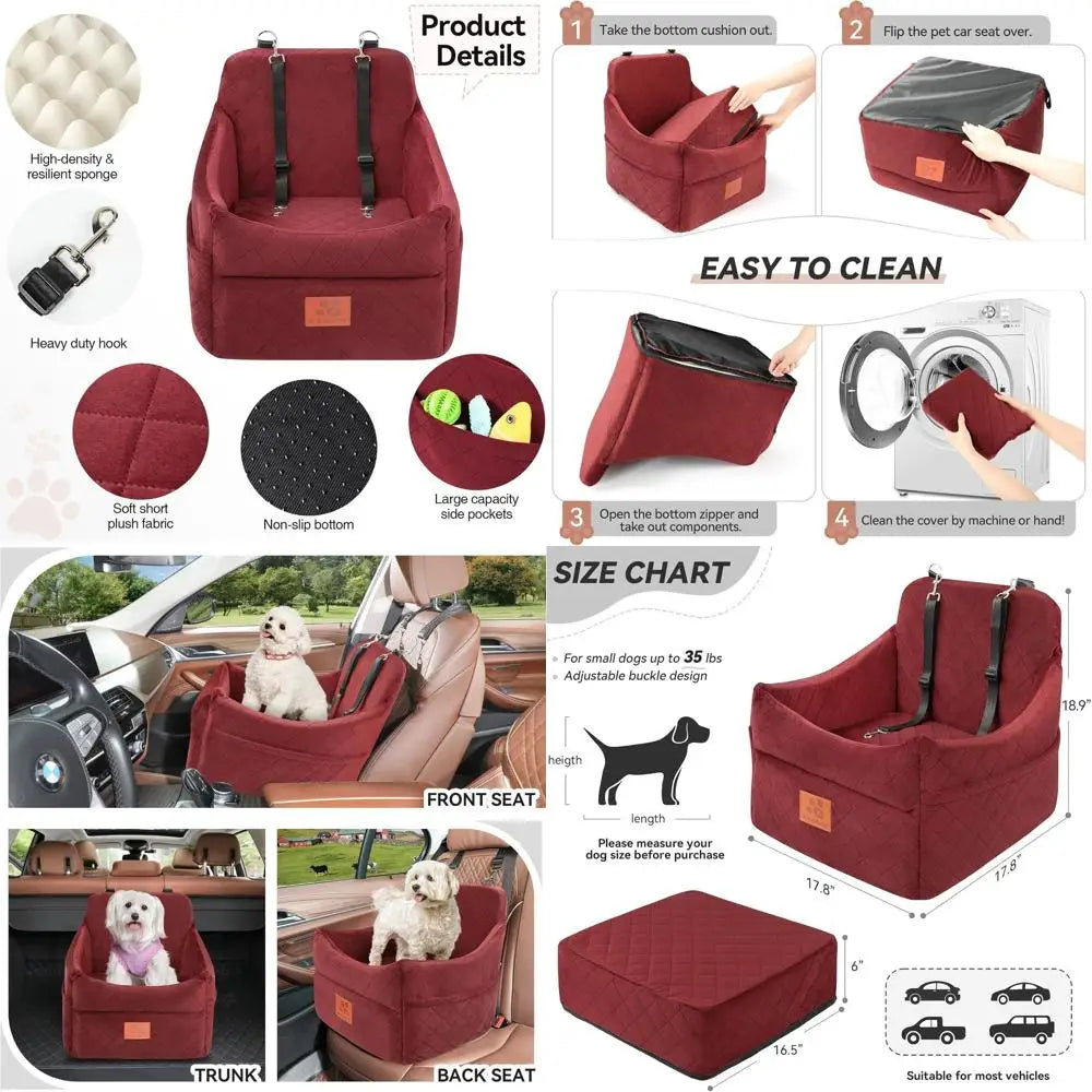 Pet Car Seat with Cushion for Small/Medium Dogs up to 35lbs, Washable, Detachable, with Storage Pockets and 2 Safety Belts - Red