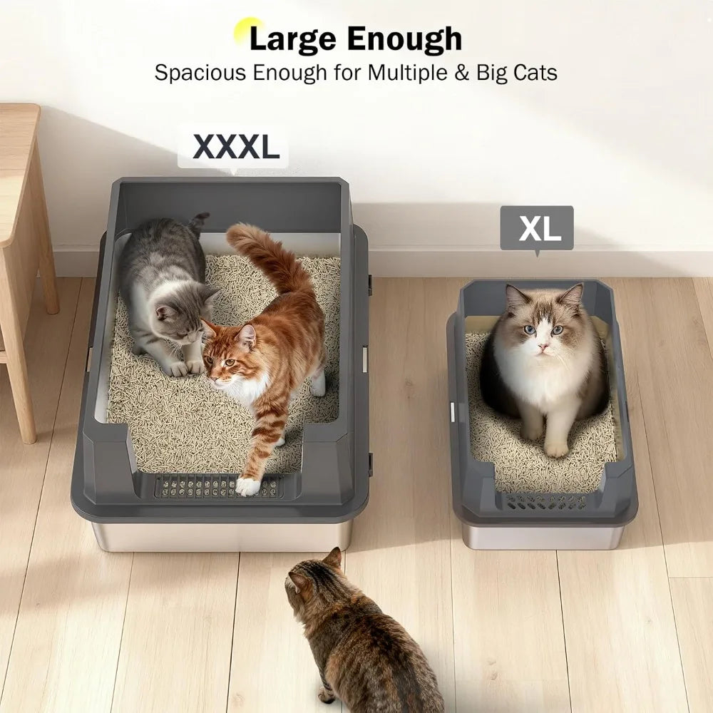 Stainless Steel Litter Box Extra Large for Big Cats Multi-Cats, Jumbo Extra Large Metal Cat Litter Box with High Sided Lid, Anti