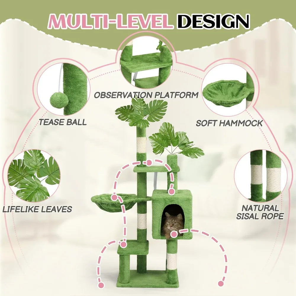 Indoor Cat Tree with Leaves, Activity Center for Kittens, Cozy Hammock, and Sisal Scratching Post
