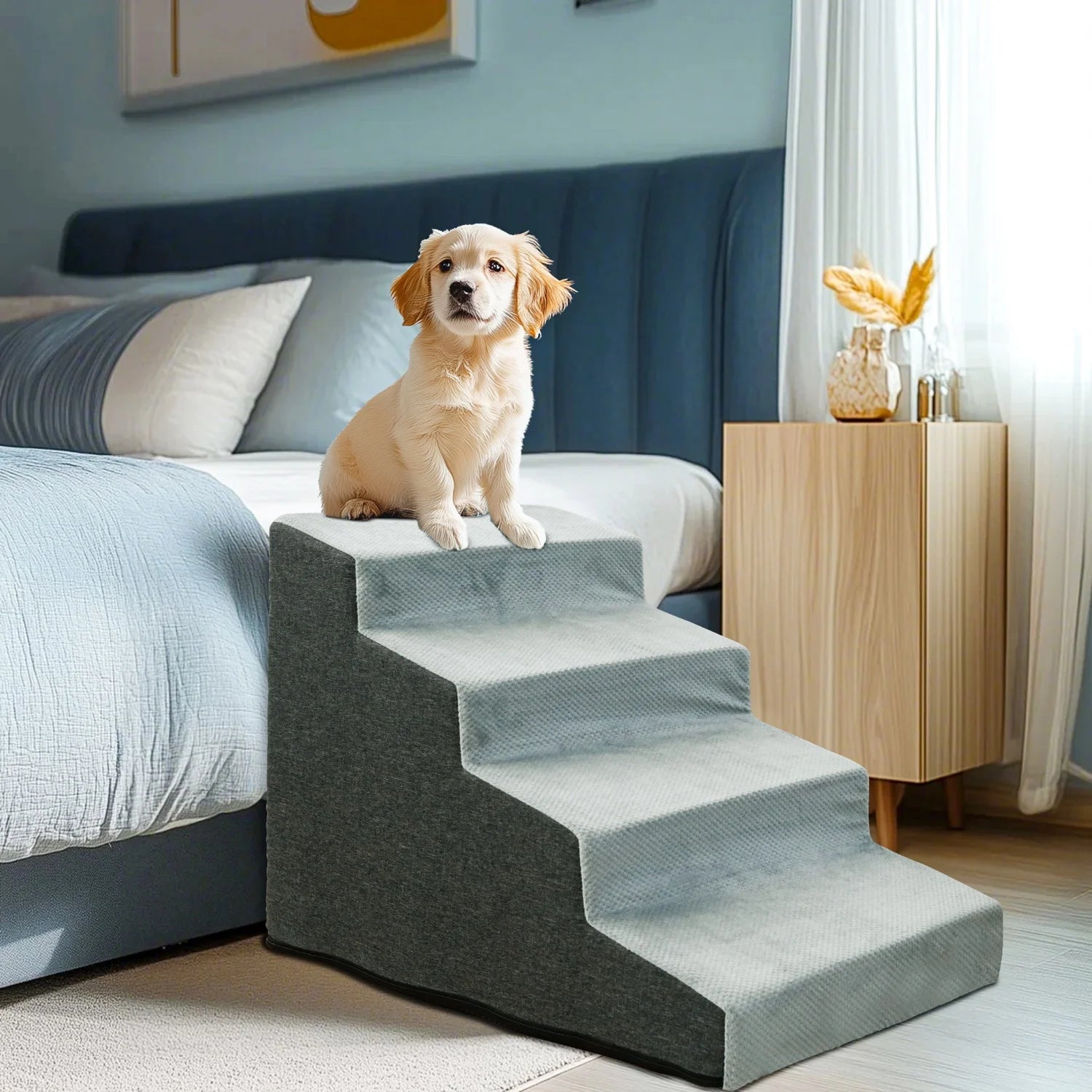 3/4 Steps High Density Foam Dog Stairs Ramps, for High Beds and Sofa, Non-Slip Pet Steps Sofa Bed Ladder, with Washable Cover