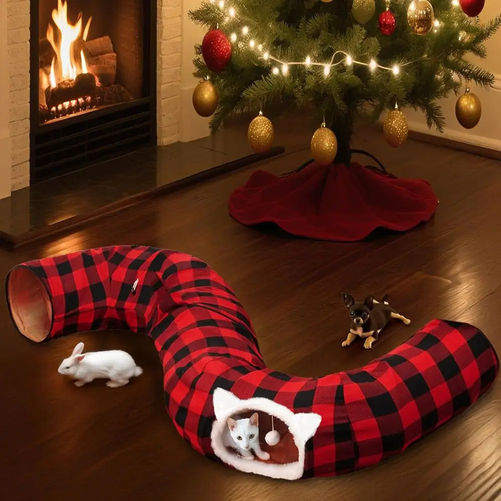 Christmas Tree Skirt with Cat Tunnel, Buffalo Plaid Bed, Dual-Entry Peekaboo Donut Tunnels for Pets