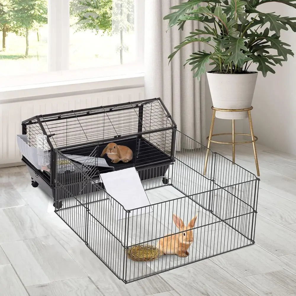 Small Animal Cage with Foldable Run Area, Rolling Bunny Cage, Guinea Pig Cage, Hedgehog Cage with Water Bottle, Water Bowl, and