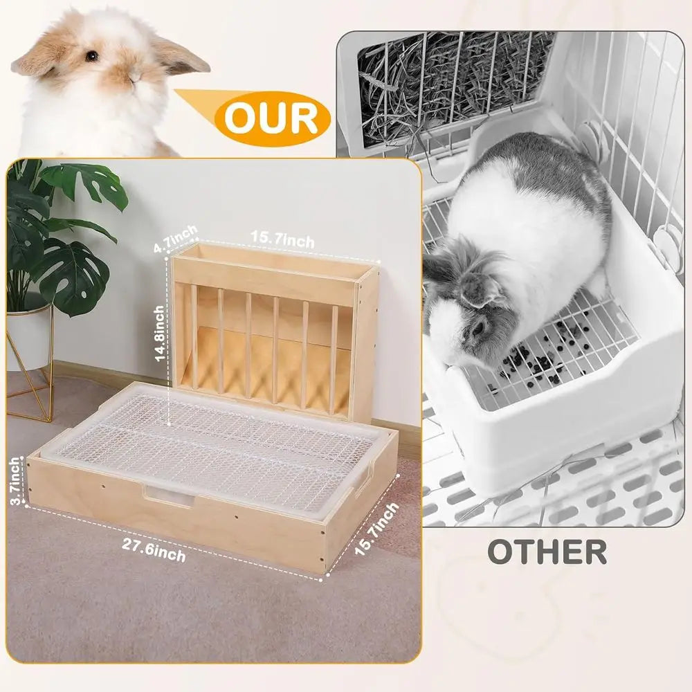 Extra-Large 2-in-1 Rabbit Hay Feeder & Litter Box Set, Wood, Mess Proof, for Guinea Pigs, Chinchillas, Hamsters, and Rabbits