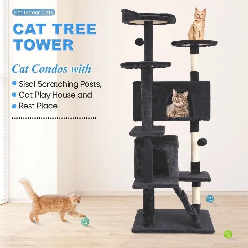 Tree 54in Tower Multi-Level Durable Scratching Post & Cozy Fun Jumping Platform Space Saving Condo Pet P