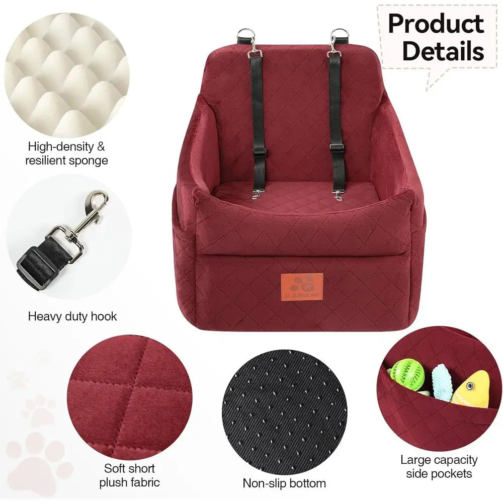 Pet Car Seat with Cushion for Small/Medium Dogs up to 35lbs, Washable, Detachable, with Storage Pockets and 2 Safety Belts - Red