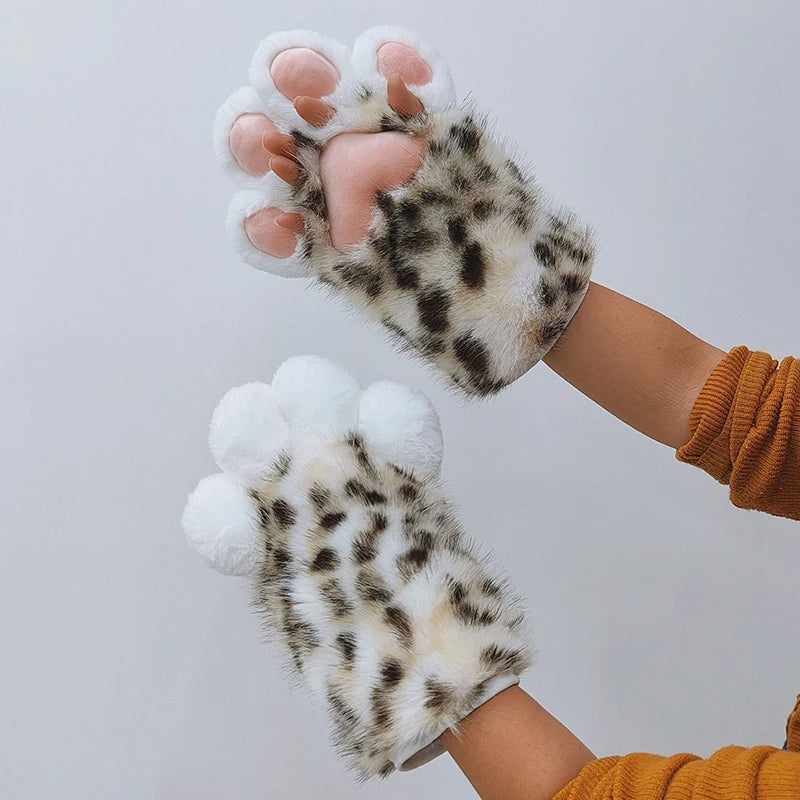 Faux Fur Snow Leopard Claws Fursuit Colorful Furry Cat Paw Halloween Dress Up Cosplay Costume Nail Tiger Claw Lolita Mittens