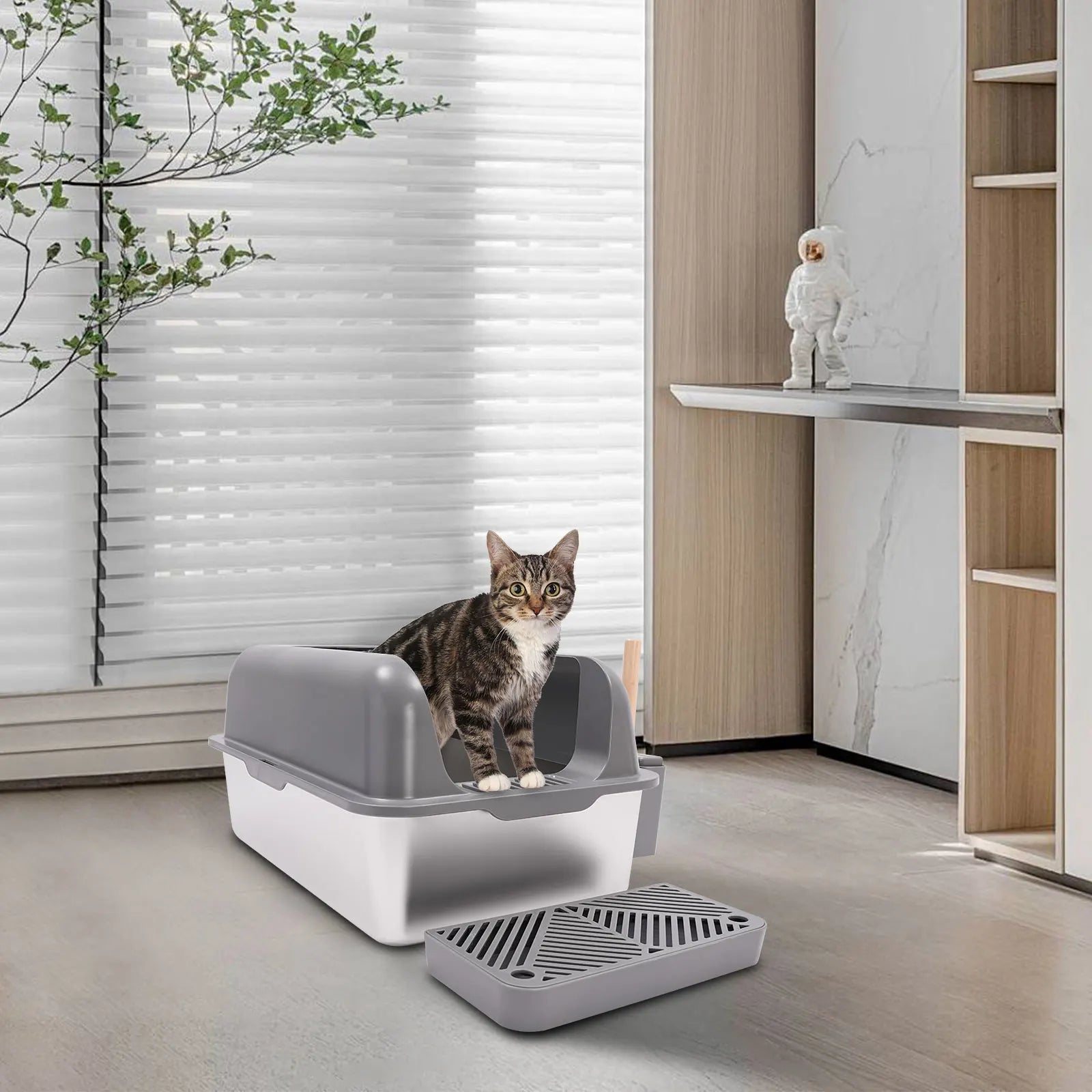 Stainless Steel Cat Litter Box with Protective Shovel Placed in Living Room, Hallway, Bedroom, Pet Store