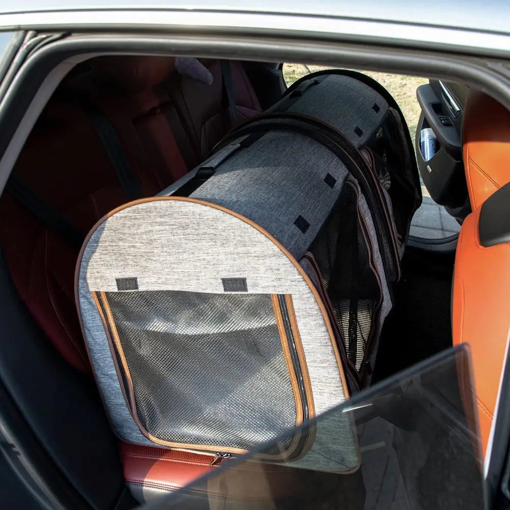 Portable Soft-Sided Cat Carrier for Travel, Dog Crate with Divider, Two Compartments, Cushions & Storage, Light Gray