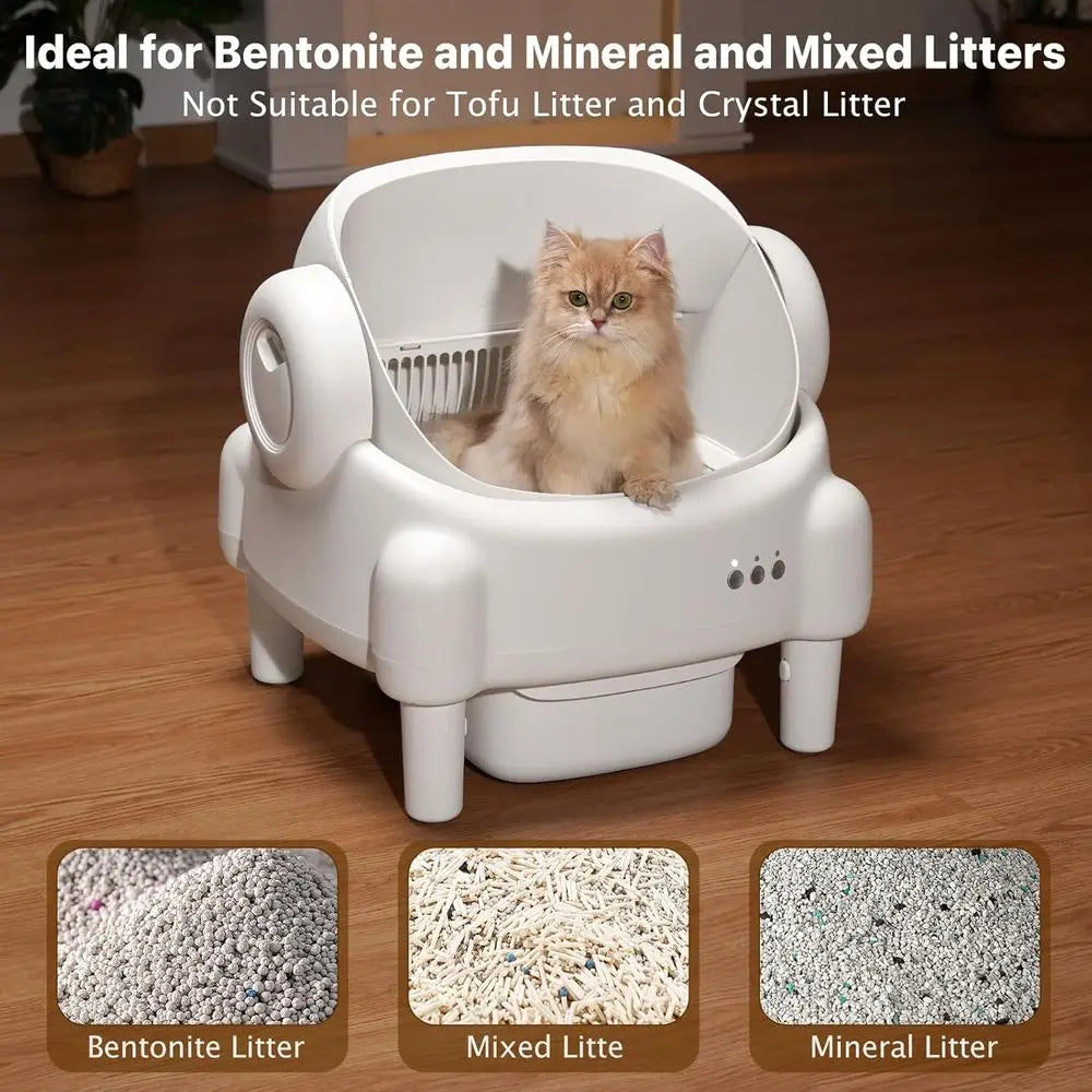 App-Controlled Open-Top Self-Cleaning Litter Box for Multiple Cats with Safety Sensors, Odor Control, 2 Liners, Large Bin - Crea