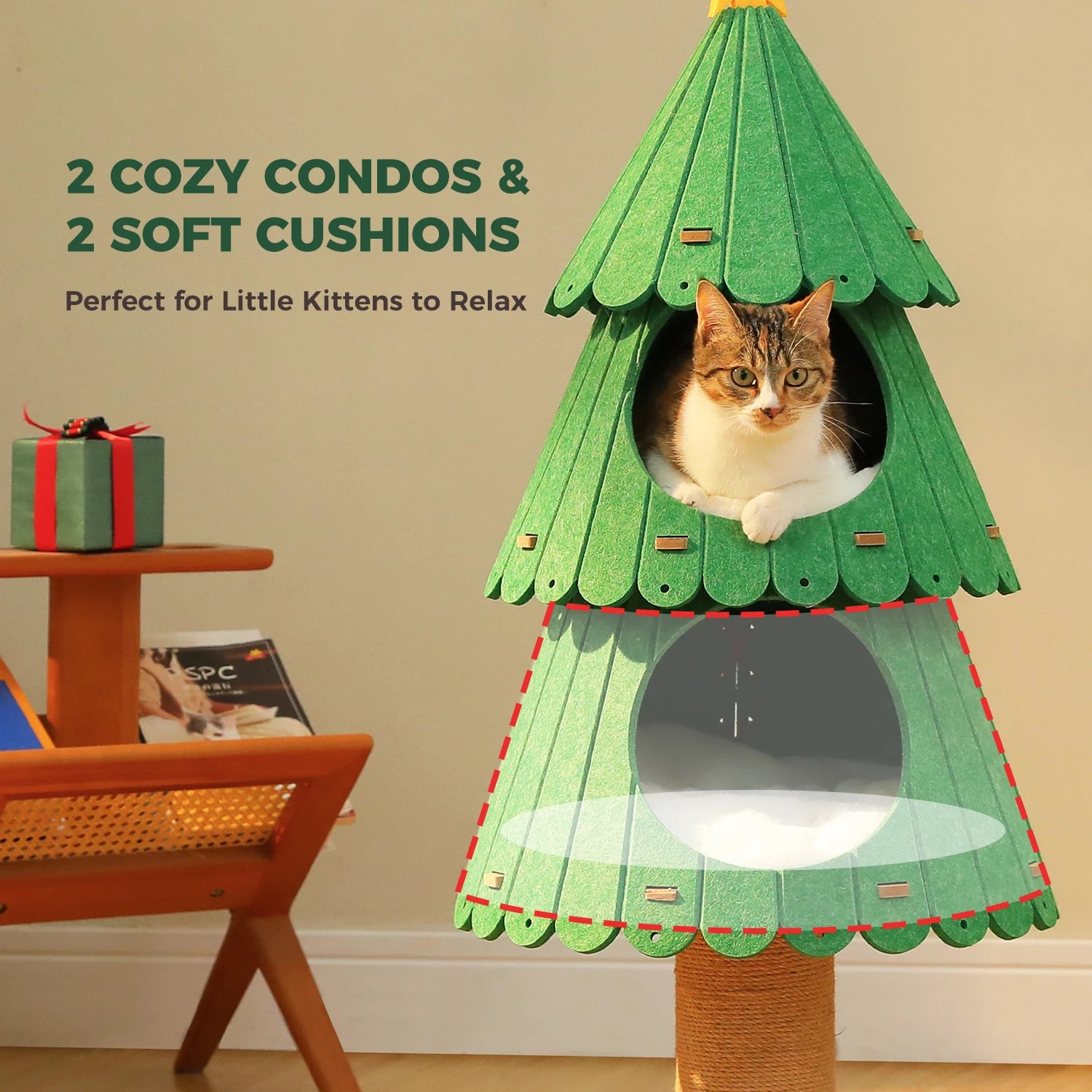 Christmas Cat Tree for Indoor Cats Cute Cat Tower with Cozy Condos Multi-Cat Climbing Furniture Large Cat Bed House Cat Toys
