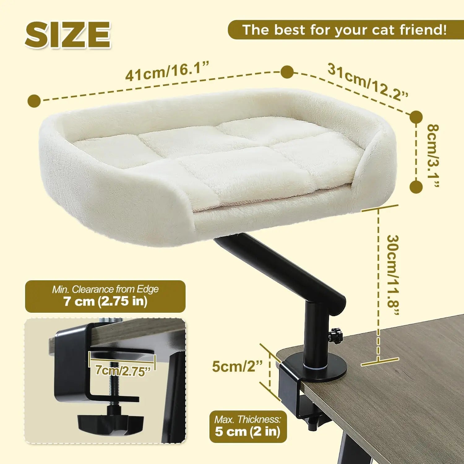 360° Rotatable Cat Desk Bed, Supports Up to 50 lbs, Adjustable White Hammock for Indoor Cats