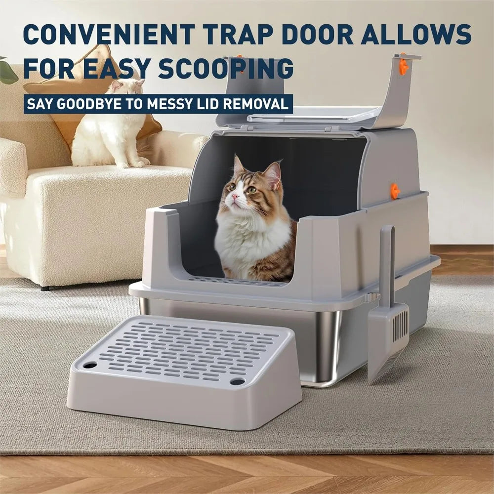 Stainless Steel High-Sided Enclosed Cat Litter Box - Anti-Leak, Odor-Reducing, Non-Sticky, Easy Cleaning for Cats