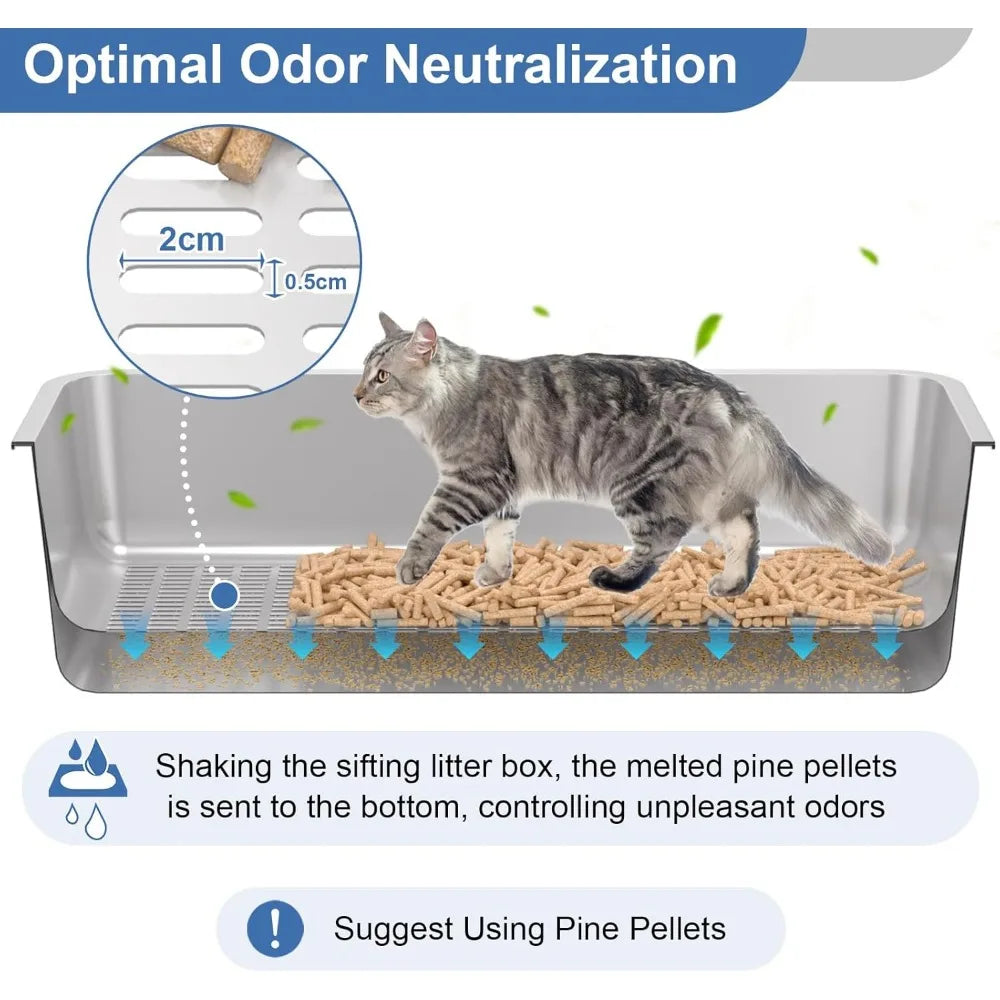 Medium Stainless Steel Sifting Litter Box with Lid for Large Cats and Pine Pellet Litter