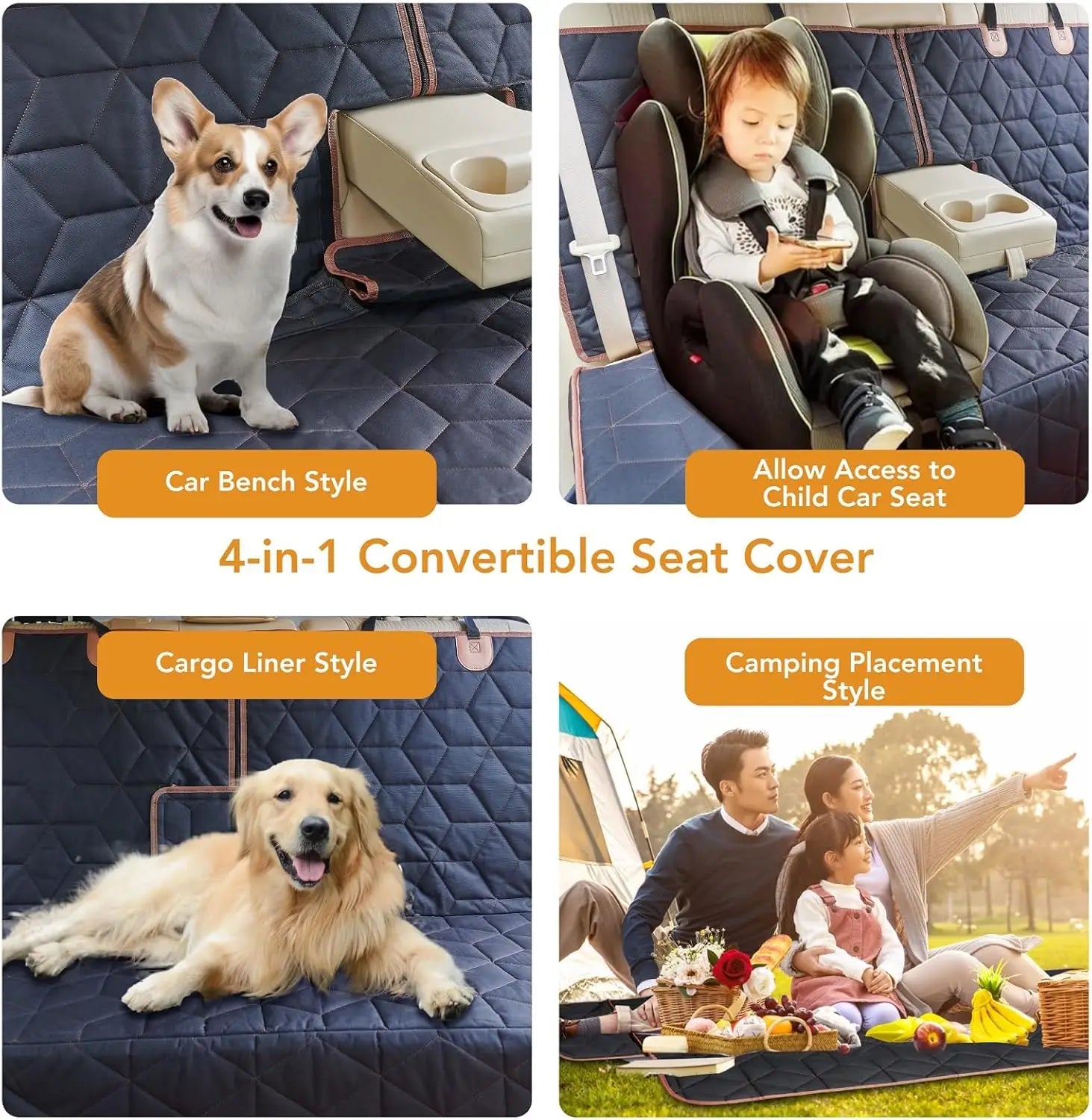 Dog Car Seat Cover, Waterproof Non-Slip Back Seat Protector for Pets, Universal Fit for Cars, Trucks, SUVs with Middle Armrest
