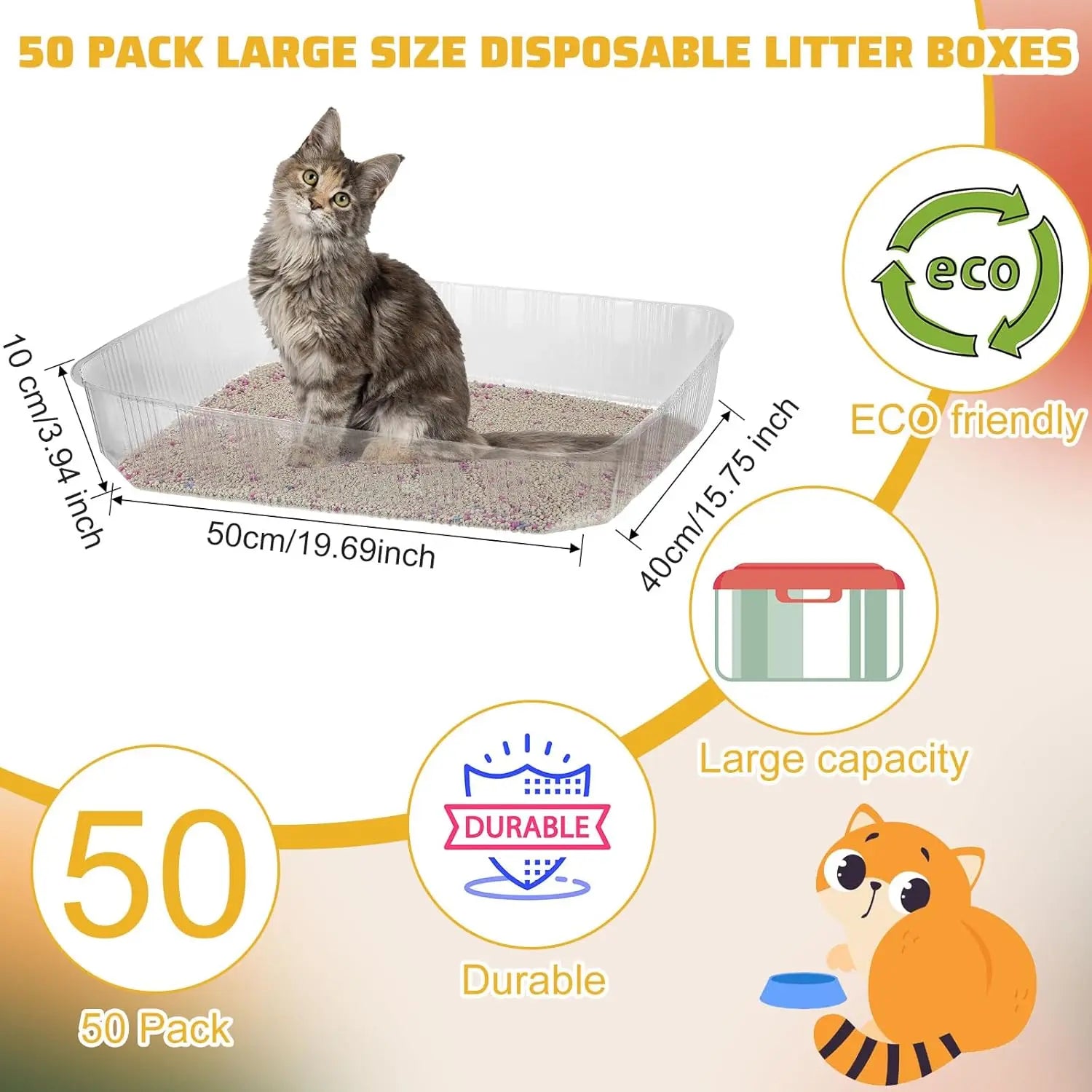 50 Pack Disposable Cat Litter Box, 19.69 x 15.75 x 3.94 Inch, Portable Clear Tray for Indoor Home Travel