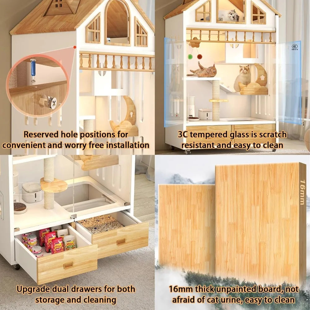 Enclosed Cat Condo, Large Wooden Cats House Indoor Cage Cat Enclosure on Wheels, Multi-Feature Enclosed Condo with Litter Box